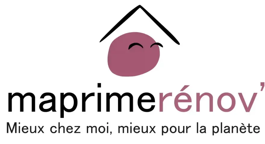 Logo Ma Prime Renov' violet, avec un toit stylisé et un visage souriant. "Mieux chez moi, mieux pour la planète.