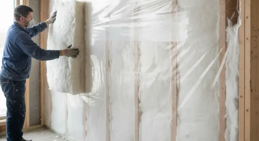 Un ouvrier installe un panneau d'isolant blanc dans un mur intérieur en bois, recouvert d'une bâche plastique transparente.
