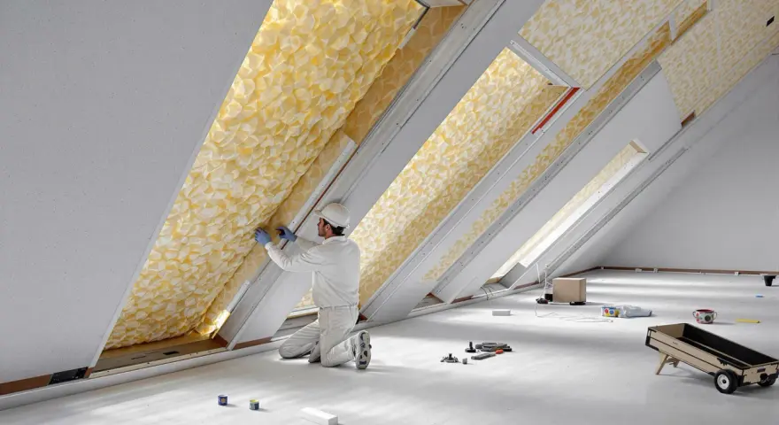 Un ouvrier installe un isolant thermique jaune texturé dans un grenier.