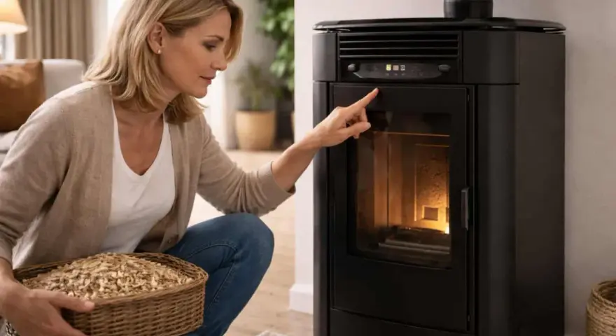 Femme vérifiant l'alarme température fumée sur son poêle à granulés. Elle tient un panier de pellets.