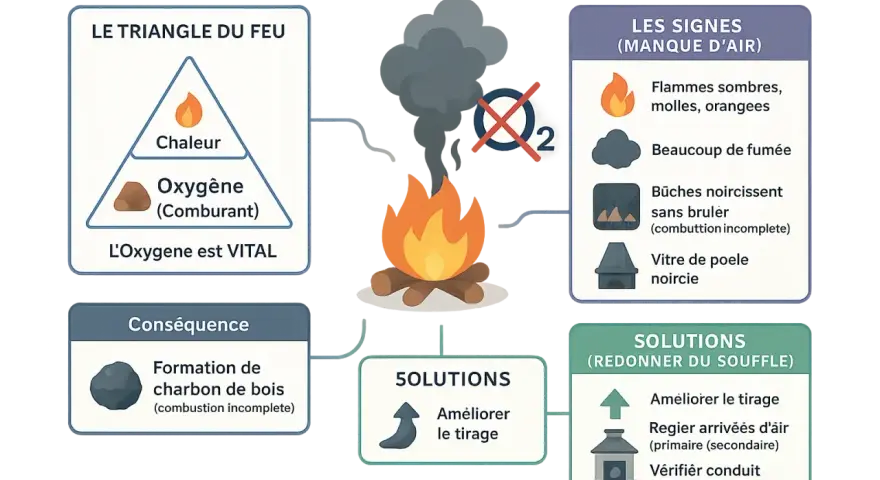 Le feu manque d'air : flammes sombres, fumée, bûches noircissent sans brûler. Le bois qui ne brûle pas est un signe de combustion incomplète. Solutions : améliorer le tirage.