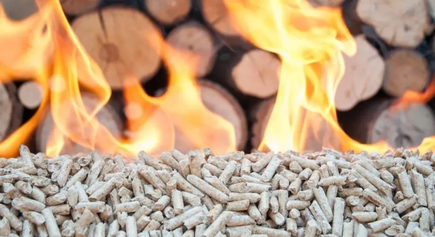 Flammes au-dessus de granulés de bois et de bûches empilées.