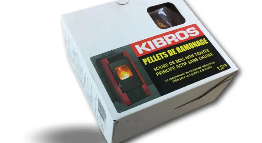 Boîte de pellets de ramonage KIBROS pour poêle à granulés.