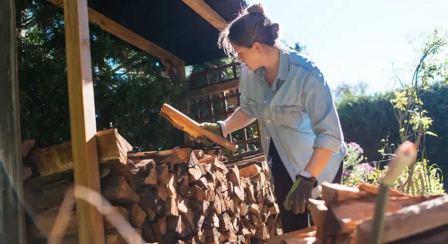 Femme avec des bûches de bois sous un abri.