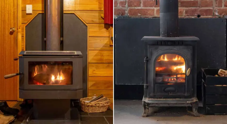 Deux poêles à bois, l'un moderne dans un chalet, l'autre ancien sur fond de briques. L'isolation poele a bois est essentielle pour la sécurité et l'efficacité.