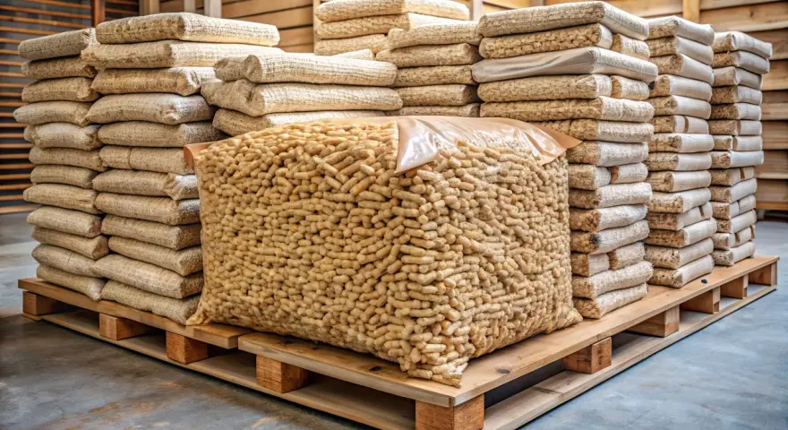 Une palette de bois supporte un grand sac transparent rempli de granulés de bois, entouré de piles de sacs plus petits. Combien de sac de granulés sur une palette ?