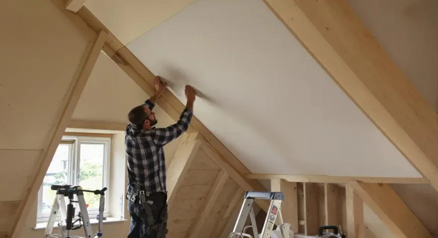 Un ouvrier installe un panneau d'isolant polyuréthane dans un grenier en cours d'aménagement, sous une charpente en bois.