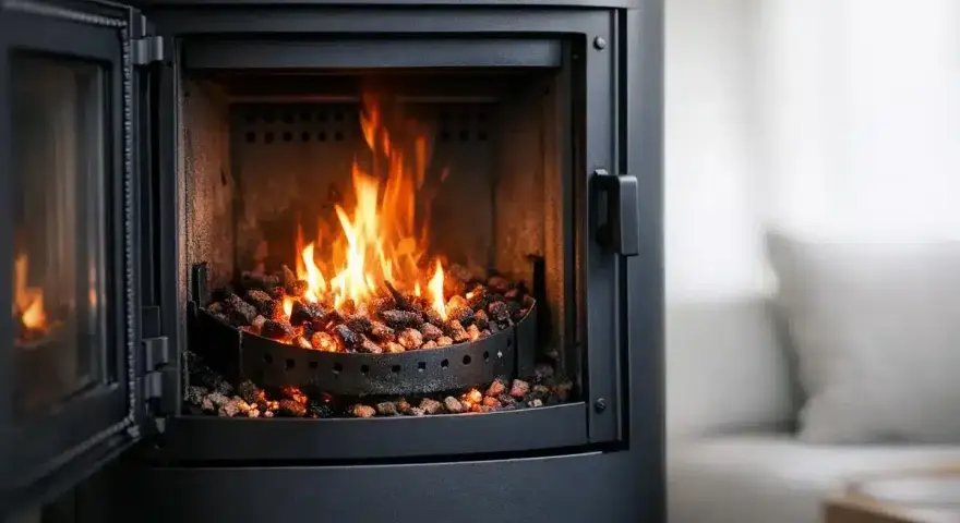 Poêle à granulés allumé, porte ouverte, flammes vives dans le foyer rempli de granulés.
