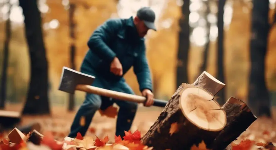 Un homme coupe du bois de chauffage en automne. Les feuilles tombées jonchent le sol.