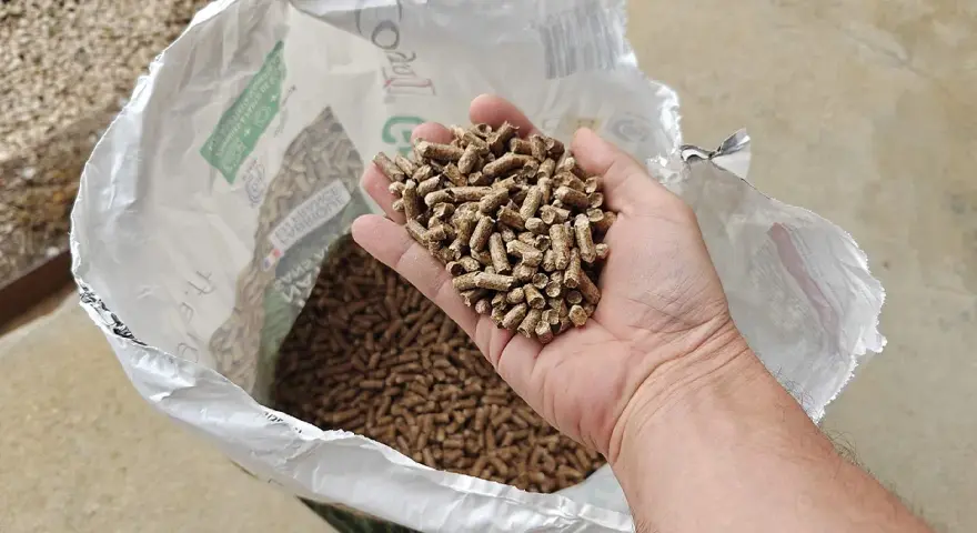 Main d'homme tenant des granulés de bois, pour estimer la consommation pellet par jour. Sac ouvert en arrière-plan.
