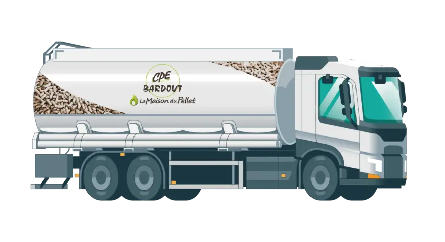 Camion-citerne blanc transportant des granulés de bois, avec le logo "CPE BARDOT La Maison du Pellet".