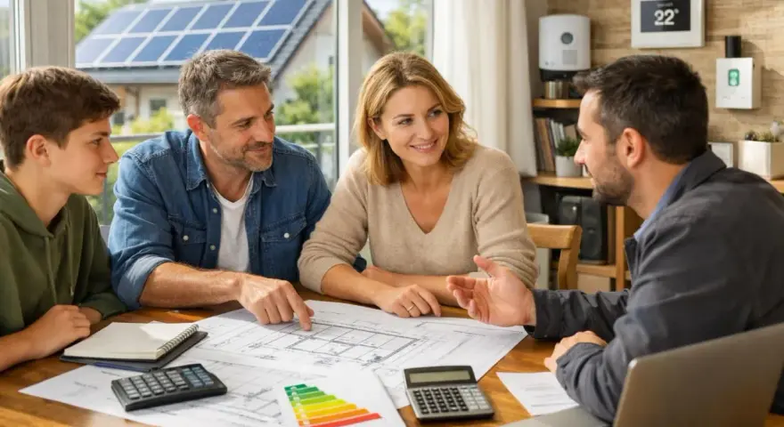 Une famille discute d'un projet de rénovation avec un conseiller. Ils examinent des plans et des calculs, visant un **prêt vert** pour des travaux écologiques.