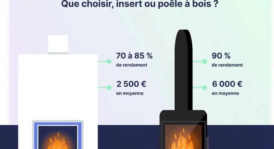Comparaison entre un insert et un poêle à bois : rendement et coût. Le poêle à bois offre un meilleur rendement.