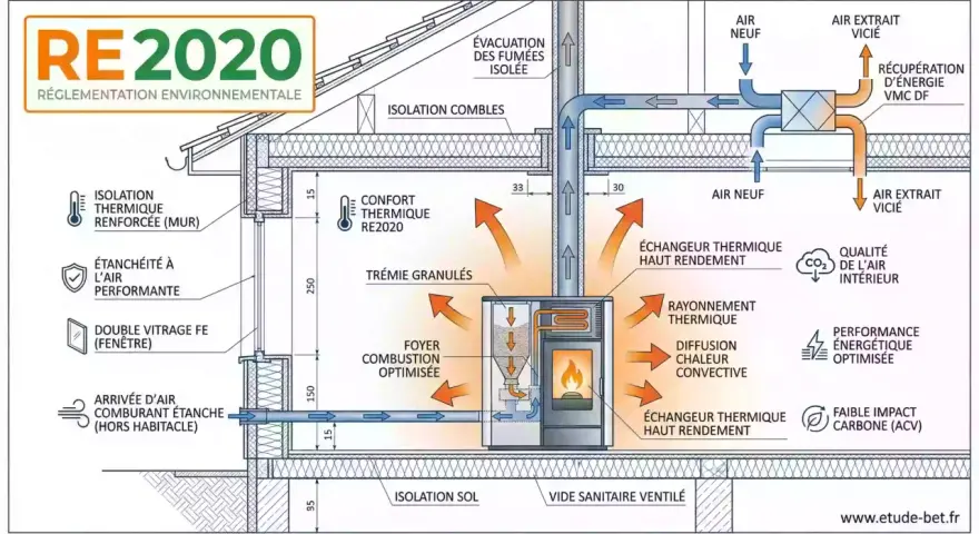 Schéma d'une maison RE2020 montrant un poêle à granulés, l'isolation, la ventilation et la récupération d'énergie pour une faible consommation.