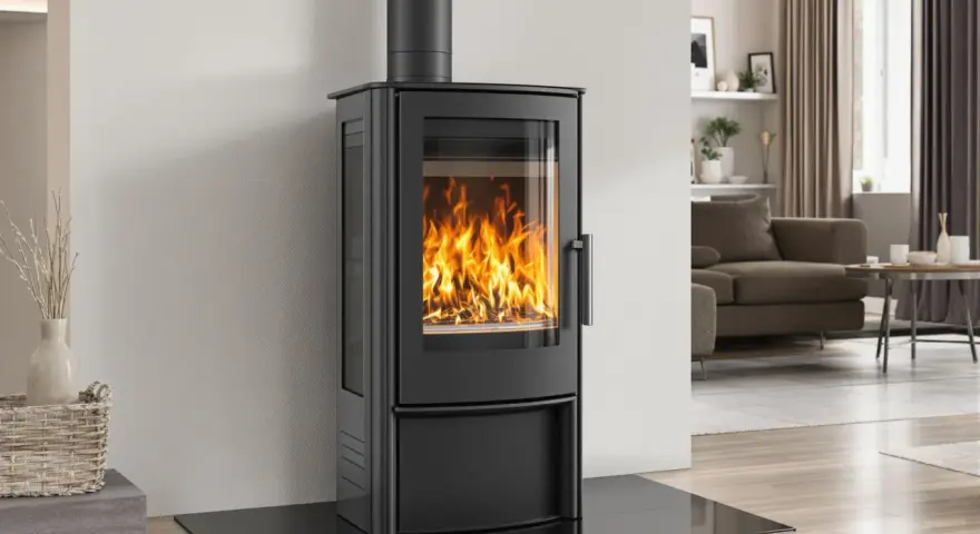 Poêle à bois étanche moderne avec une grande vitre laissant admirer les flammes dans un salon cosy.