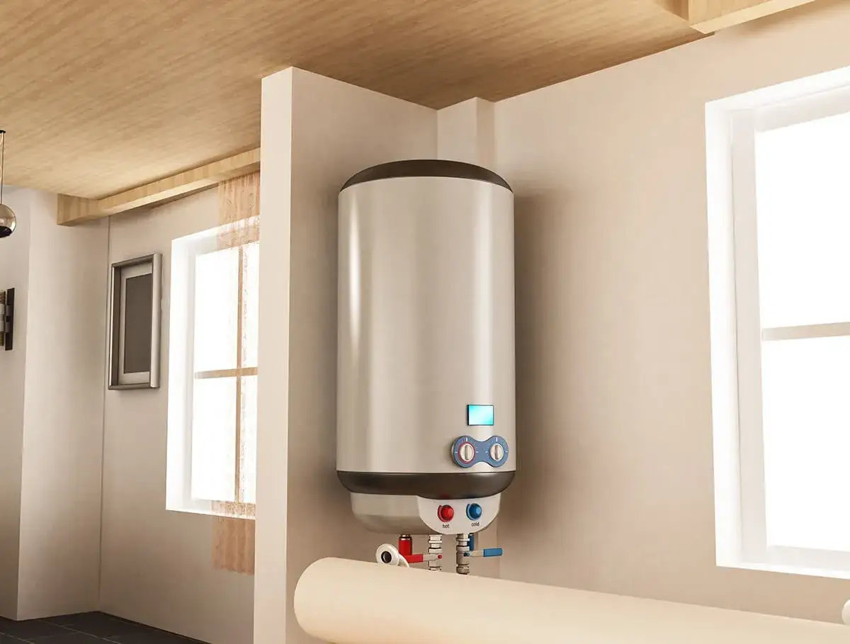 Chauffe eau thermodynamique moderne, installé dans une pièce lumineuse. Sa durée de vie est optimisée par une conception soignée.