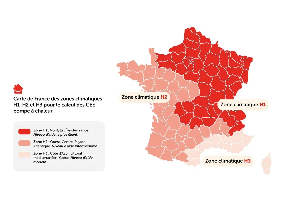 Carte de France des zones climatiques H1, H2, H3 pour le calcul des CEE. La zone H1 couvre le Nord, l'Est et l'Île-de-France.