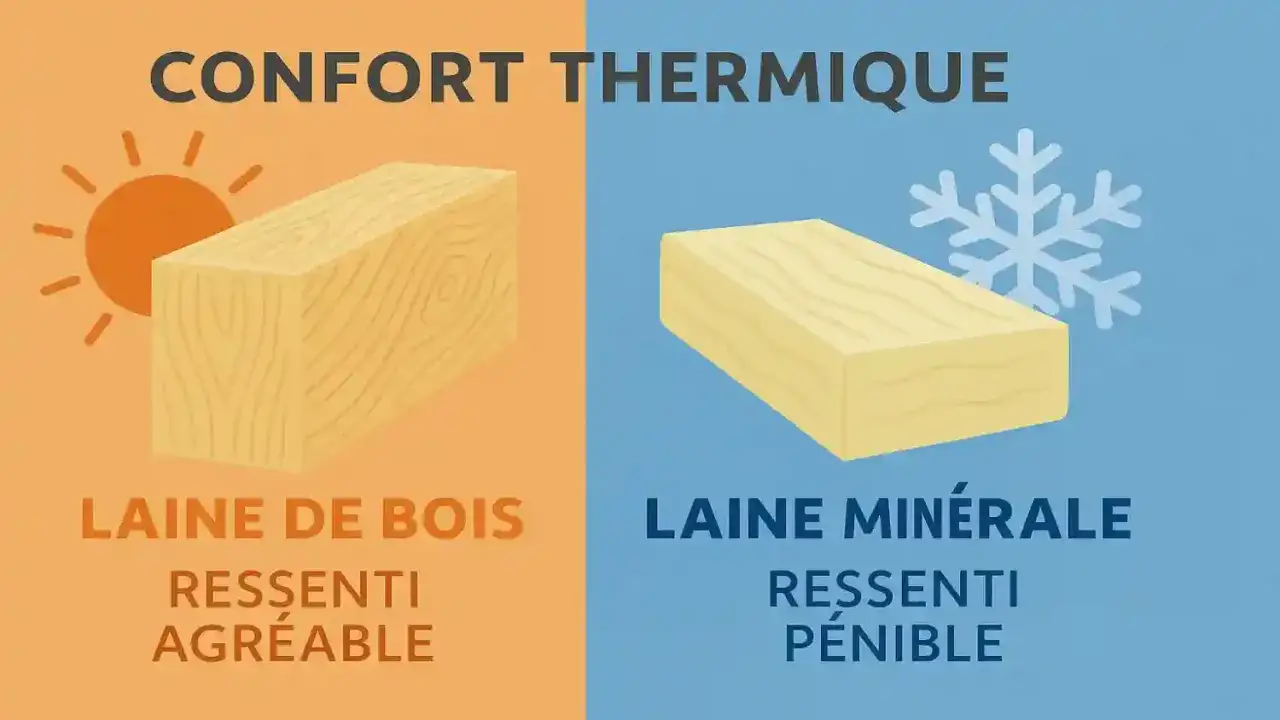 Comparaison de l'isolation : laine de bois (confort) vs laine min&eacute;rale (d&eacute;phasage thermique p&eacute;nible). Soleil et flocon de neige illustrent les ressentis.