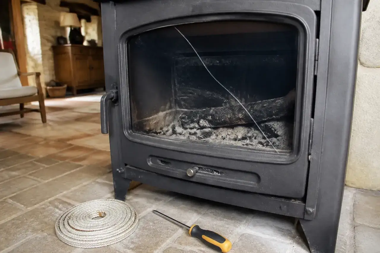Préparation pour changer une vitre de poêle à bois : une nouvelle corde d'étanchéité et un tournevis sont prêts à côté de la porte du poêle dont la vitre est fissurée.