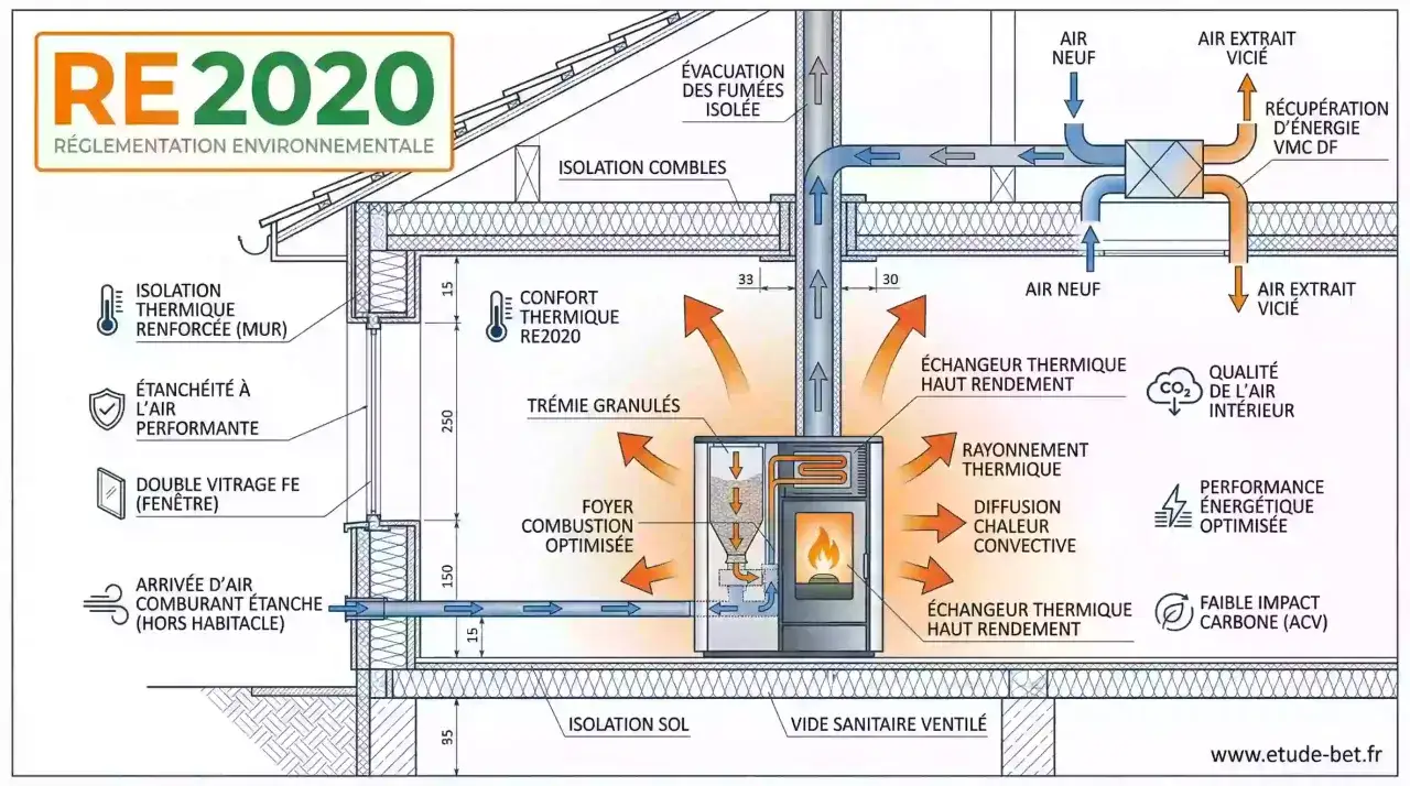 Schéma d'un poêle à granulés canalisable RE2020, montrant l'isolation, l'arrivée d'air comburant, l'évacuation des fumées et la récupération d'énergie.