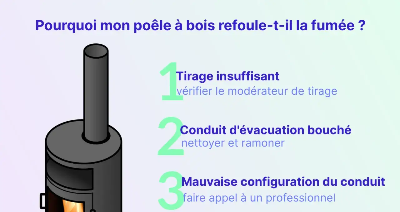 Illustration d'un poêle à bois avec des conseils pour résoudre un mauvais tirage poêle à bois : tirage insuffisant, conduit bouché ou mauvaise configuration.