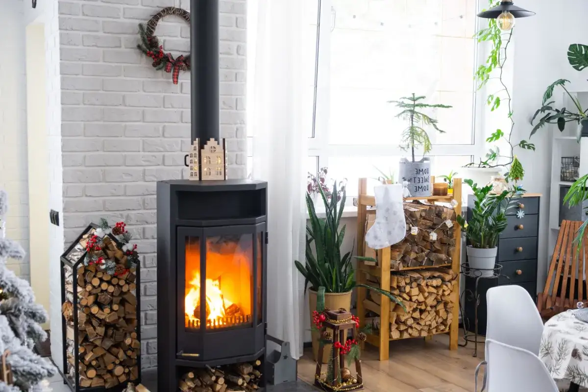 Un poêle à bois moderne chauffe plusieurs pièces, créant une ambiance chaleureuse avec des décorations de Noël.