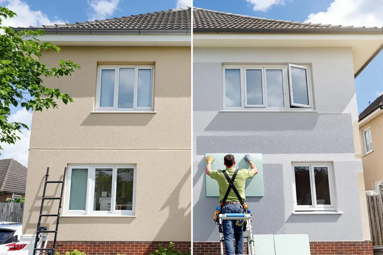 Maison avant et après isolation extérieure. Un ouvrier installe des panneaux isolants sur un mur.