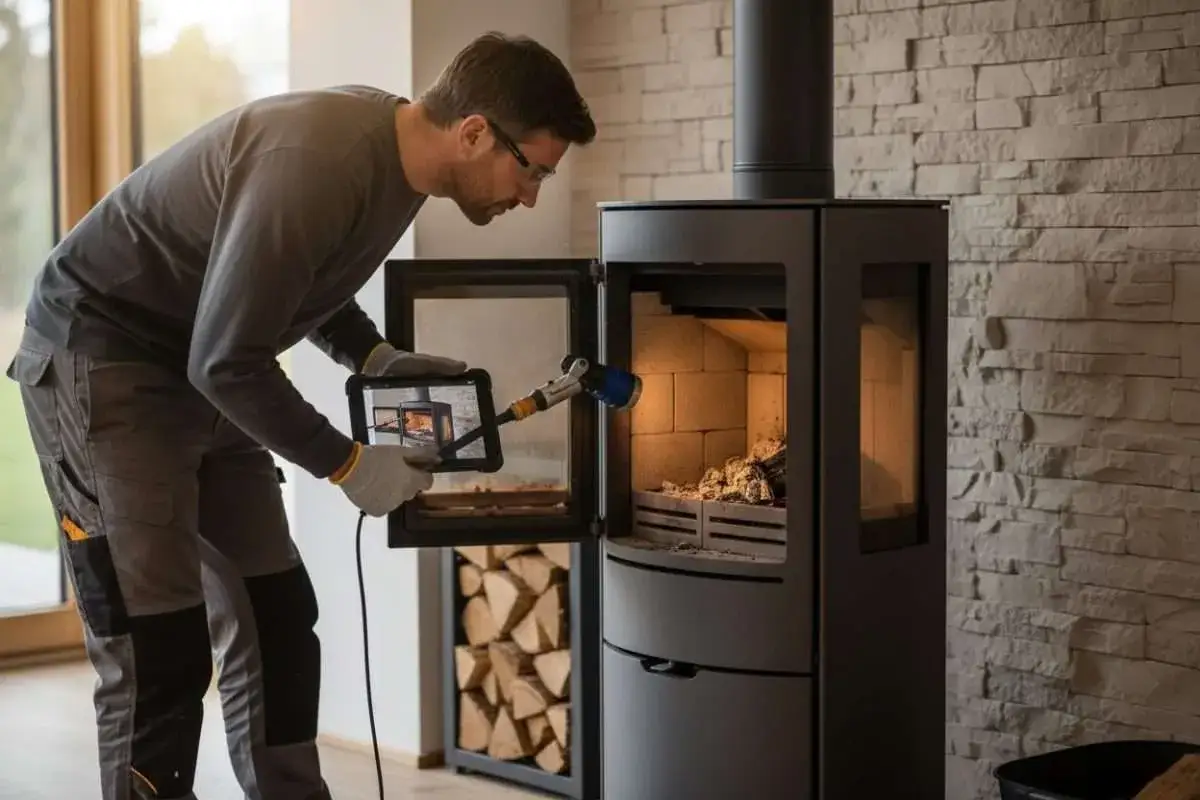 Un technicien examine un poêle à granulés Cadel avec une tablette, peut-être pour diagnostiquer un problème.
