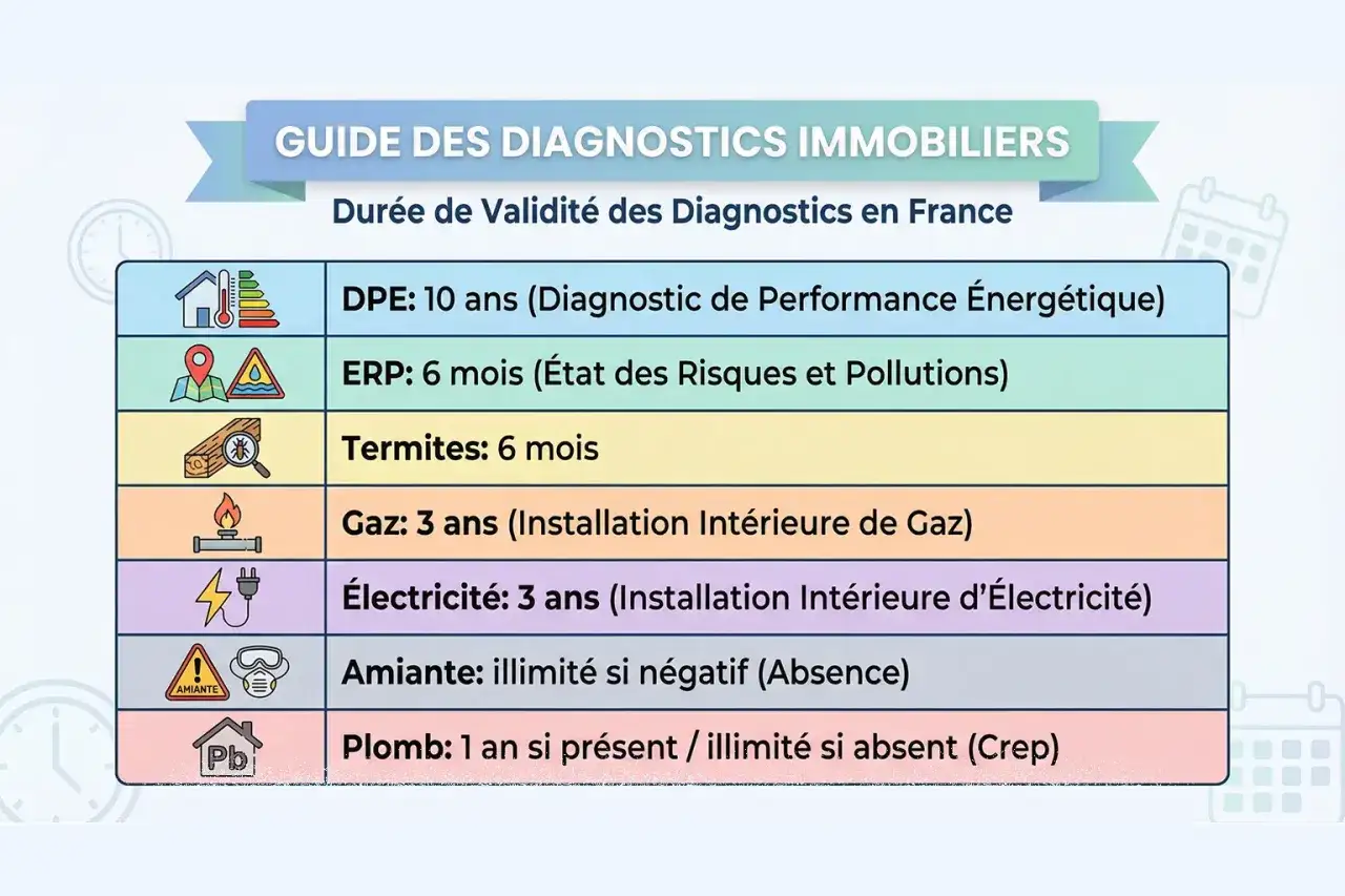 Guide des diagnostics immobiliers : combien de temps dure un diagnostic énergétique (DPE) ? 10 ans. D'autres diagnostics ont des durées plus courtes.
