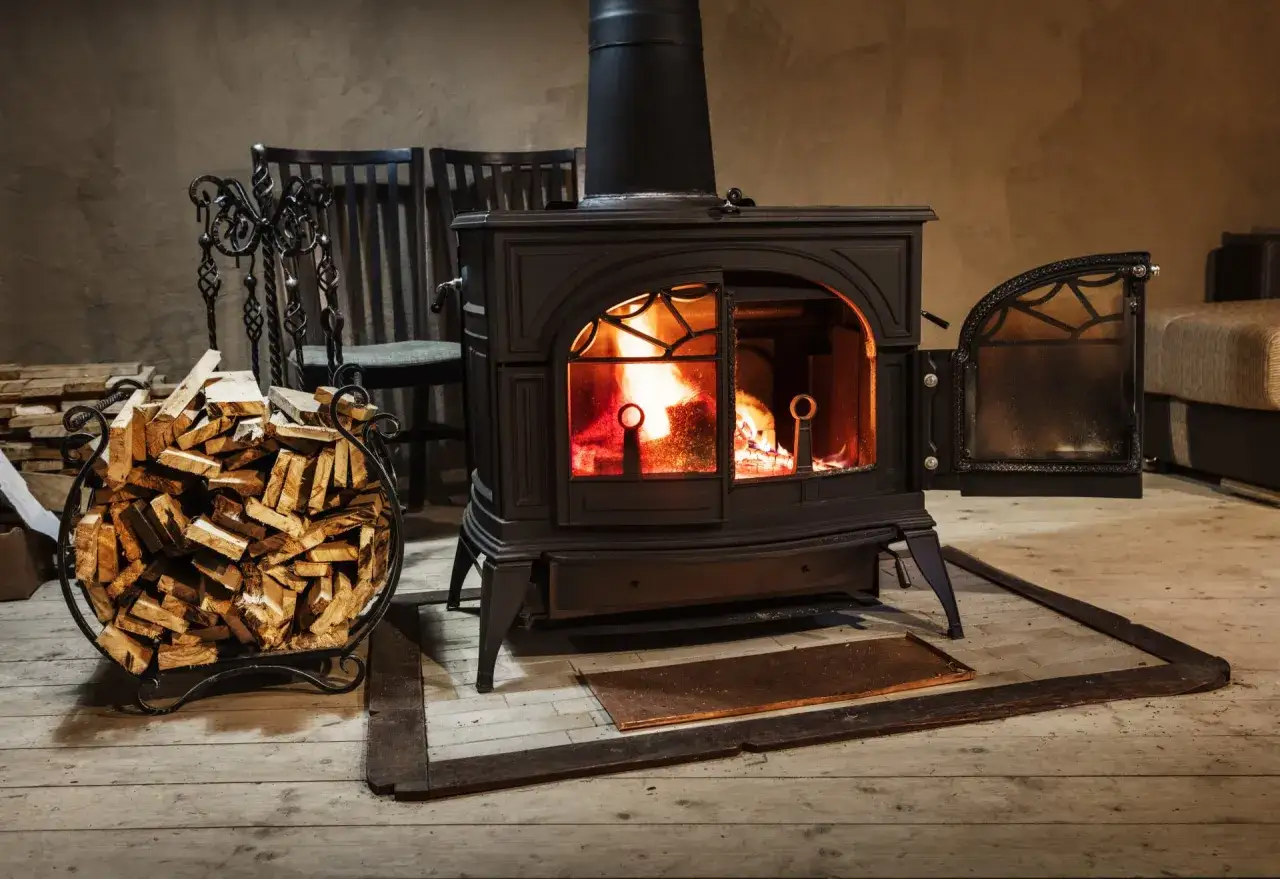 Un poêle à bois sans prise d'air extérieure crépite joyeusement, réchauffant une pièce rustique. Du bois est empilé à côté, prêt à alimenter le feu.
