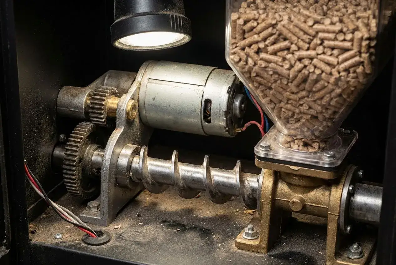 M&eacute;canisme d'alimentation d'un po&ecirc;le &agrave; granul&eacute;s. La vis sans fin de mon po&ecirc;le fait du bruit, aliment&eacute;e par un moteur et des engrenages.