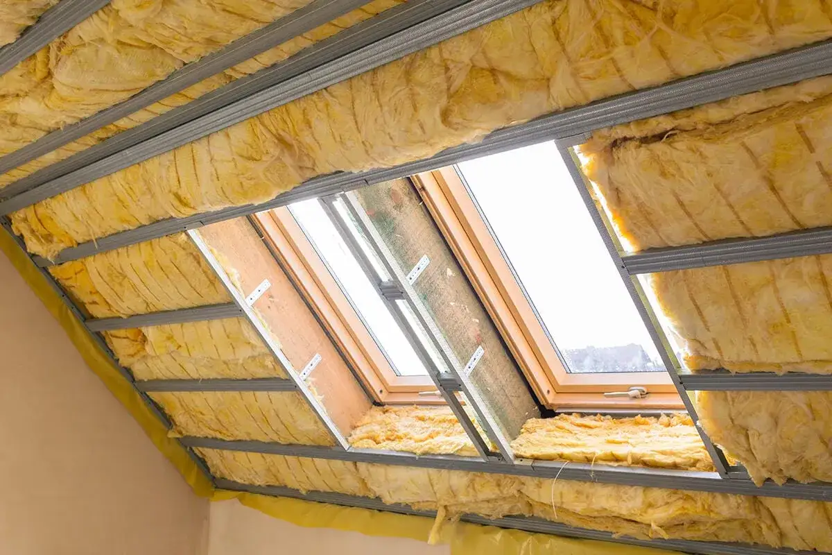 Isolation des combles en cours, avec laine de verre jaune. Le prix au m2 dépend de la technique.