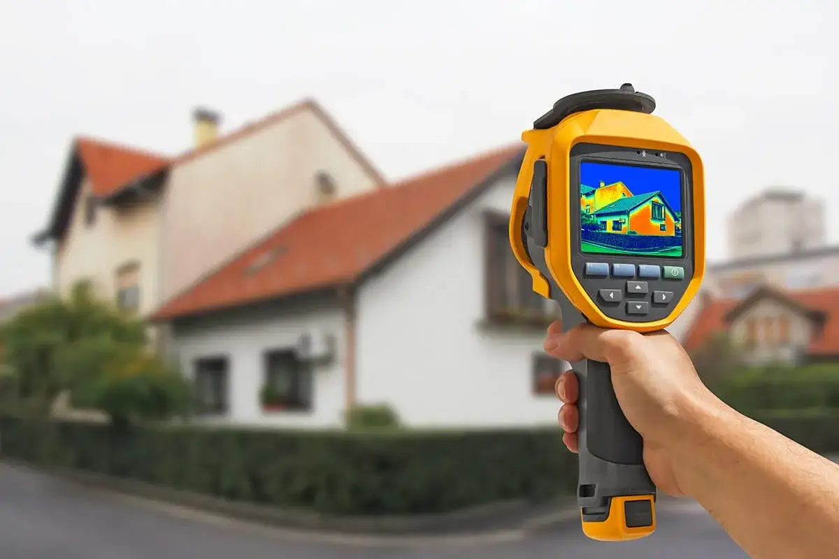 Une caméra thermique analyse une maison pour optimiser le pro prime energie. Les couleurs vives sur l'écran montrent les déperditions de chaleur.