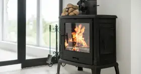 Poêle à bois crépitant, optimisant le pouvoir calorifique du pellet pour une chaleur réconfortante. Un ventilateur et du bois sont prêts à l'emploi.