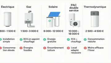 Comparatif des systèmes de chauffage : électrique, gaz, solaire, PAC double service et thermodynamique. Le chauffe eau thermodynamique est une option intéressante pour le dispositif Prime Renov.