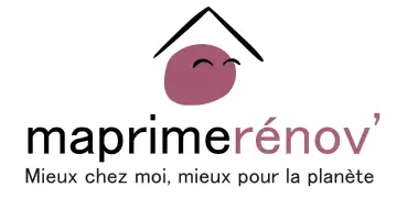 Logo Ma Prime Renov' violet, avec un toit stylisé et un visage souriant. "Mieux chez moi, mieux pour la planète.