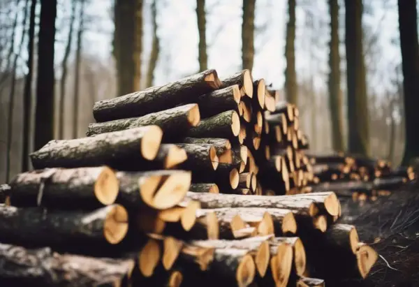 Un tas de frêne bois de chauffage empilé dans une forêt brumeuse, prêt pour l'hiver.