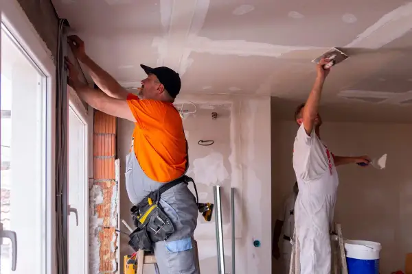 Deux ouvriers rénovent un bâtiment, l'un ajuste des câbles près d'une fenêtre, l'autre enduit le plafond. Ces travaux sont essentiels pour les aides aux collectivités locales.