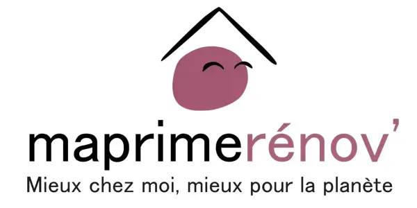 Logo Ma Prime Renov' violet, avec un toit stylisé et un visage souriant. "Mieux chez moi, mieux pour la planète.