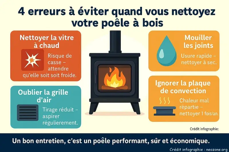 Infographie sur l'entretien d'un poêle à bois. Évitez 4 erreurs : nettoyer la vitre à chaud, mouiller les joints, oublier la grille d'air, ignorer la plaque de convection. Un bon entretien assure un poêle performant.