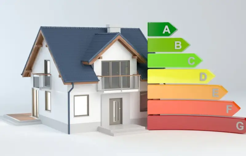 Maison moderne avec étiquette énergétique. Un audit énergétique tarif peut révéler la classe A à G de votre logement.