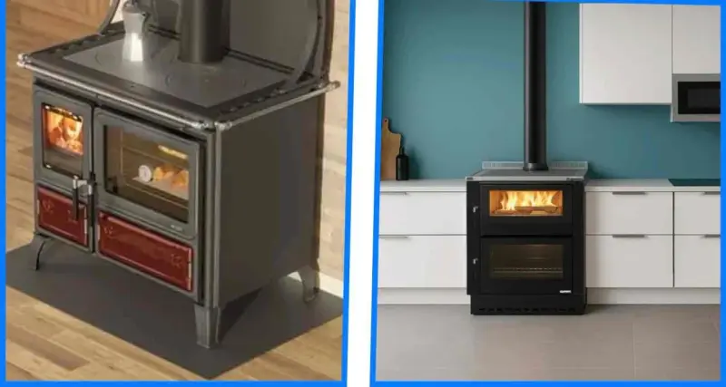 Cuisinière à bois ancienne et moderne dans une cuisine.