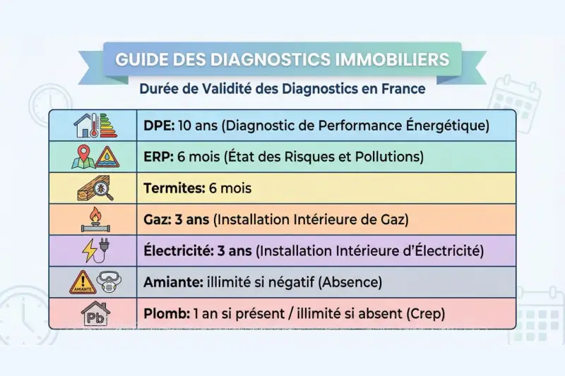 Guide des diagnostics immobiliers : combien de temps dure un diagnostic énergétique (DPE) ? 10 ans. D'autres diagnostics ont des durées plus courtes.