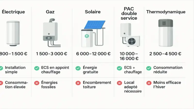 Comparatif des systèmes de chauffage : électrique, gaz, solaire, PAC double service et thermodynamique. Le chauffe eau thermodynamique est une option intéressante pour le dispositif Prime Renov.