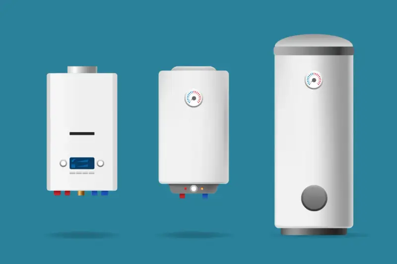Trois chauffe-eau électriques blancs. Le plus à gauche a un écran numérique. Le plus à droite est le plus grand. Ces appareils peuvent présenter des inconvénients.