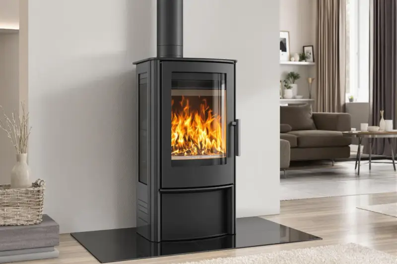 Poêle à bois étanche moderne avec une grande vitre laissant admirer les flammes dans un salon cosy.